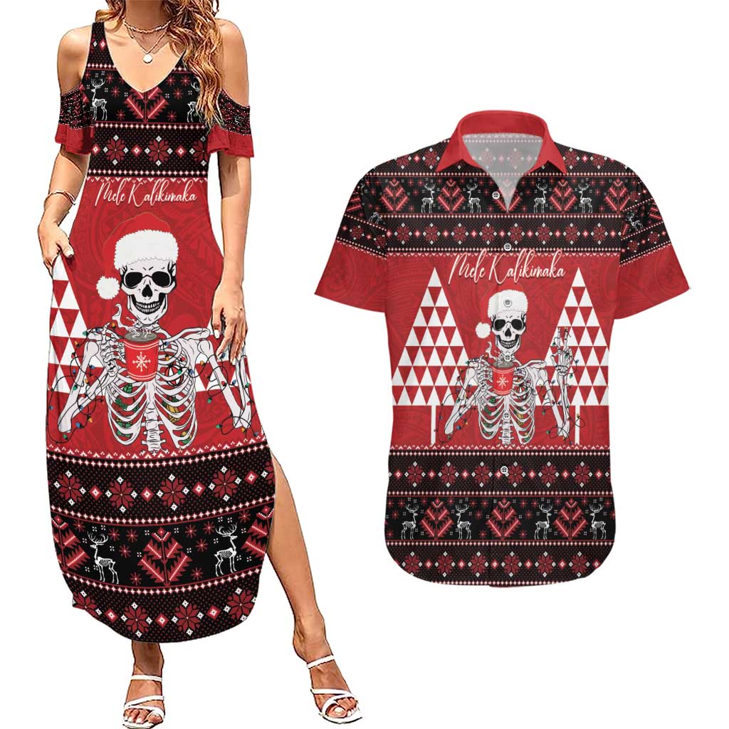 Personalized Hawaii Skull Christmas Couples Matching Summer Maxi Dress and Hawaiian Shirt Mele Kalikimaka Hawaiian Kakau LT14 Red - Polynesian Pride