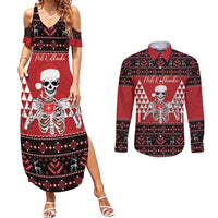 Personalized Hawaii Skull Christmas Couples Matching Summer Maxi Dress and Long Sleeve Button Shirt Mele Kalikimaka Hawaiian Kakau LT14 Red - Polynesian Pride
