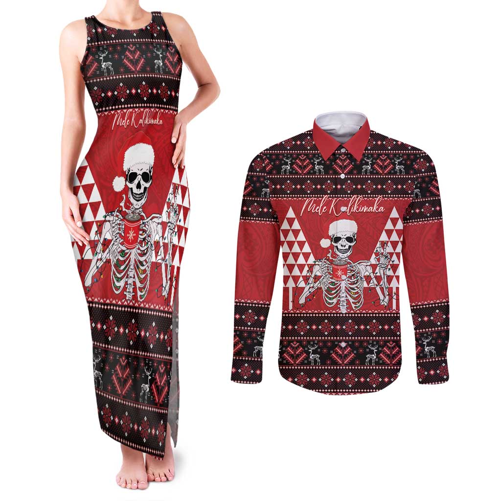 Personalized Hawaii Skull Christmas Couples Matching Tank Maxi Dress and Long Sleeve Button Shirt Mele Kalikimaka Hawaiian Kakau LT14 Red - Polynesian Pride