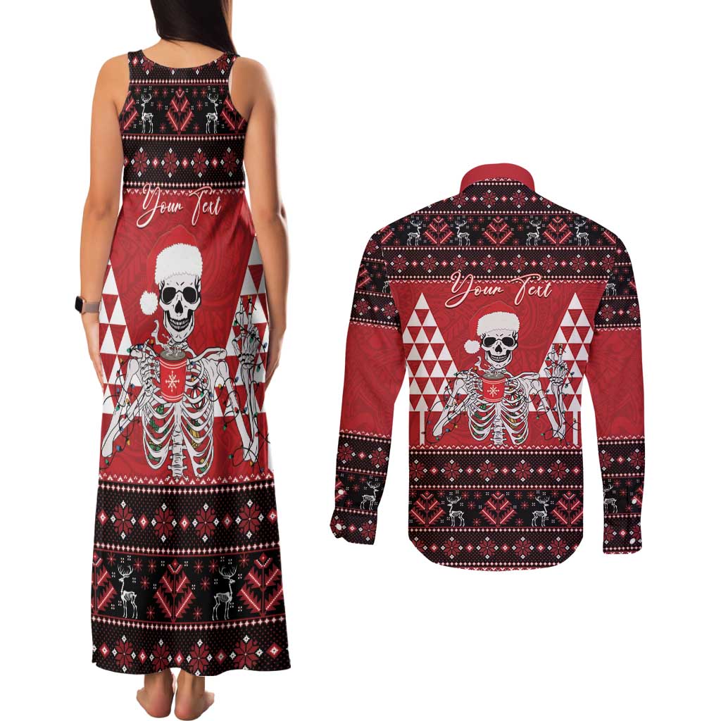Personalized Hawaii Skull Christmas Couples Matching Tank Maxi Dress and Long Sleeve Button Shirt Mele Kalikimaka Hawaiian Kakau LT14 - Polynesian Pride