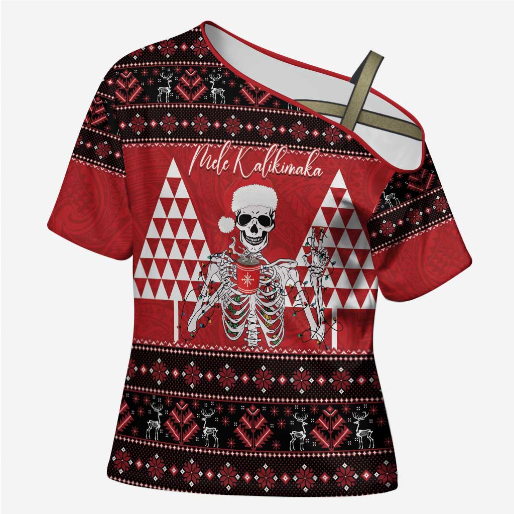 Personalized Hawaii Skull Christmas Cross Shoulder Shirt Mele Kalikimaka Hawaiian Kakau LT14 Female Red - Polynesian Pride