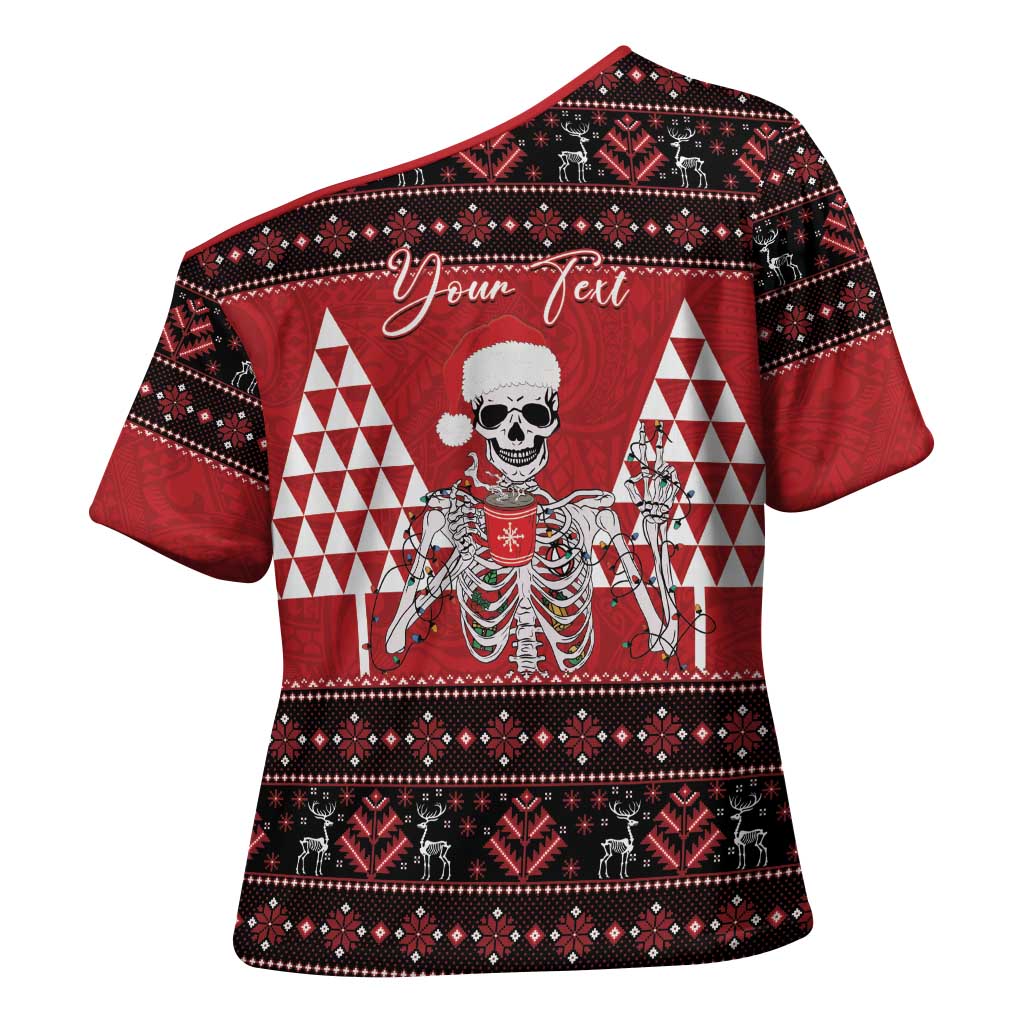 Personalized Hawaii Skull Christmas Cross Shoulder Shirt Mele Kalikimaka Hawaiian Kakau LT14 - Polynesian Pride