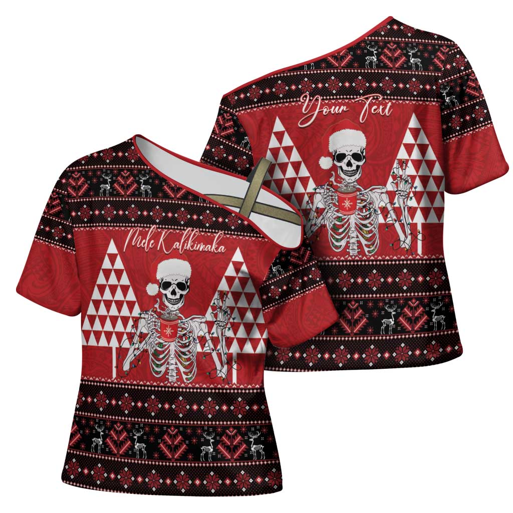 Personalized Hawaii Skull Christmas Cross Shoulder Shirt Mele Kalikimaka Hawaiian Kakau LT14 - Polynesian Pride