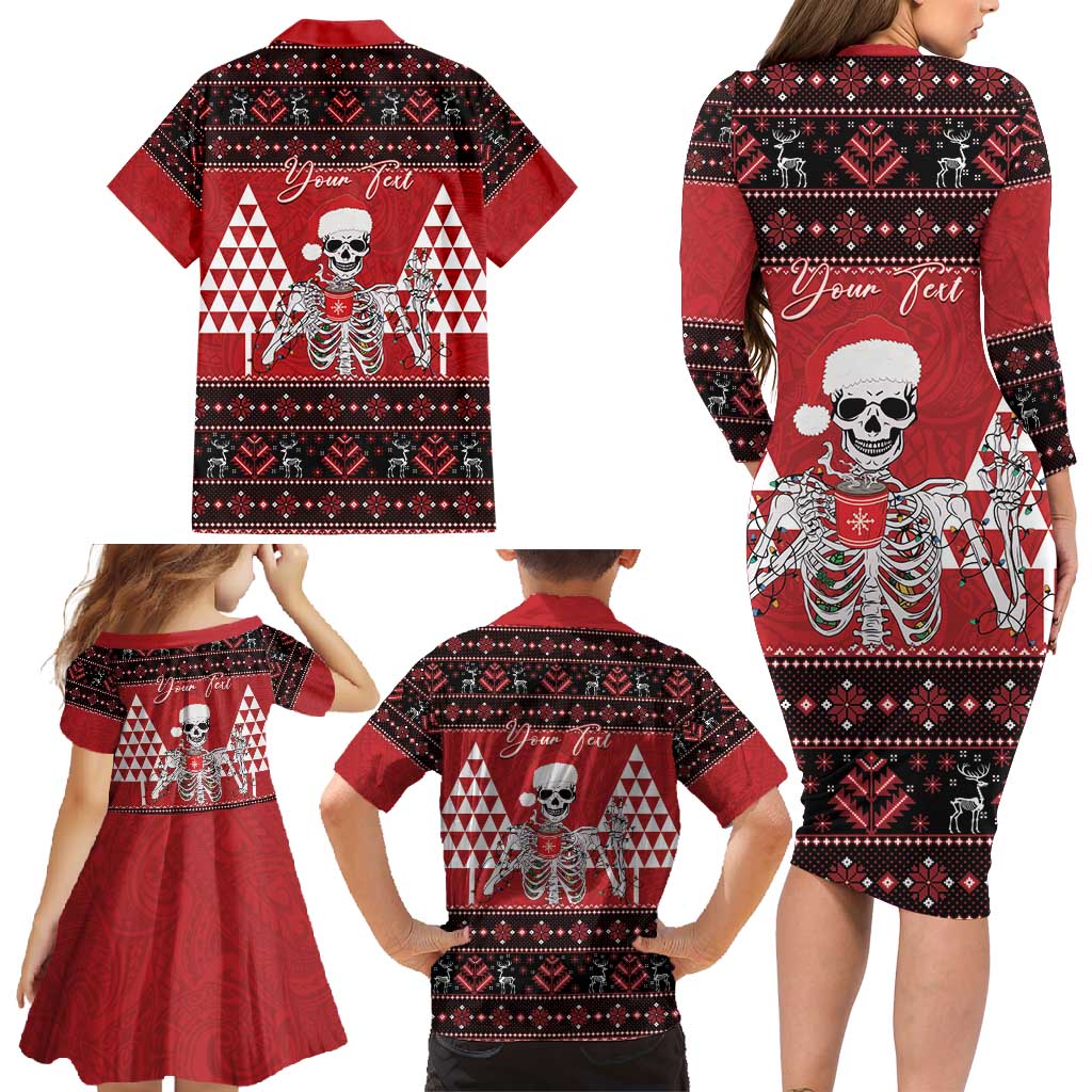 Personalized Hawaii Skull Christmas Family Matching Long Sleeve Bodycon Dress and Hawaiian Shirt Mele Kalikimaka Hawaiian Kakau LT14 - Polynesian Pride