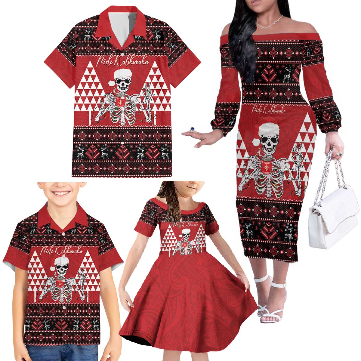 Personalized Hawaii Skull Christmas Family Matching Off The Shoulder Long Sleeve Dress and Hawaiian Shirt Mele Kalikimaka Hawaiian Kakau LT14 - Polynesian Pride