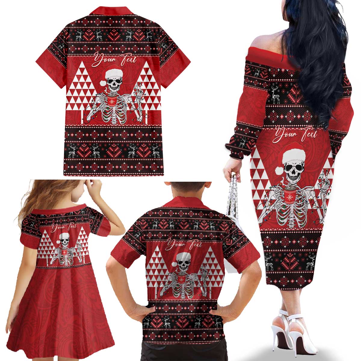 Personalized Hawaii Skull Christmas Family Matching Off The Shoulder Long Sleeve Dress and Hawaiian Shirt Mele Kalikimaka Hawaiian Kakau LT14 - Polynesian Pride