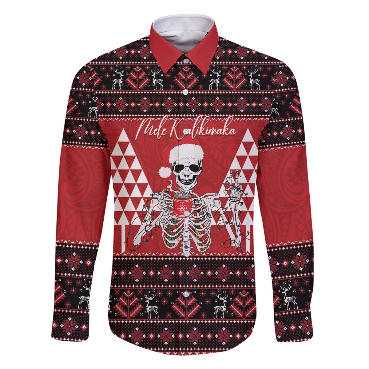 Personalized Hawaii Skull Christmas Family Matching Off The Shoulder Long Sleeve Dress and Hawaiian Shirt Mele Kalikimaka Hawaiian Kakau LT14 Dad's Shirt - Long Sleeve Red - Polynesian Pride