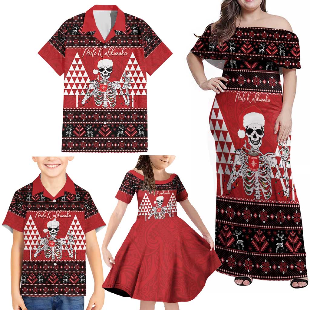Personalized Hawaii Skull Christmas Family Matching Off Shoulder Maxi Dress and Hawaiian Shirt Mele Kalikimaka Hawaiian Kakau LT14 - Polynesian Pride