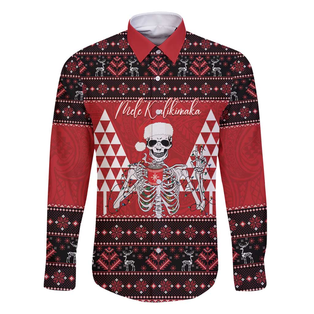 Personalized Hawaii Skull Christmas Family Matching Off Shoulder Short Dress and Hawaiian Shirt Mele Kalikimaka Hawaiian Kakau LT14 Dad's Shirt - Long Sleeve Red - Polynesian Pride