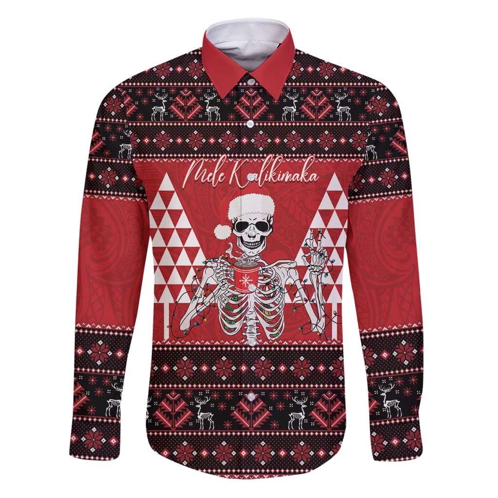 Personalized Hawaii Skull Christmas Family Matching Puletasi and Hawaiian Shirt Mele Kalikimaka Hawaiian Kakau LT14 Dad's Shirt - Long Sleeve Red - Polynesian Pride