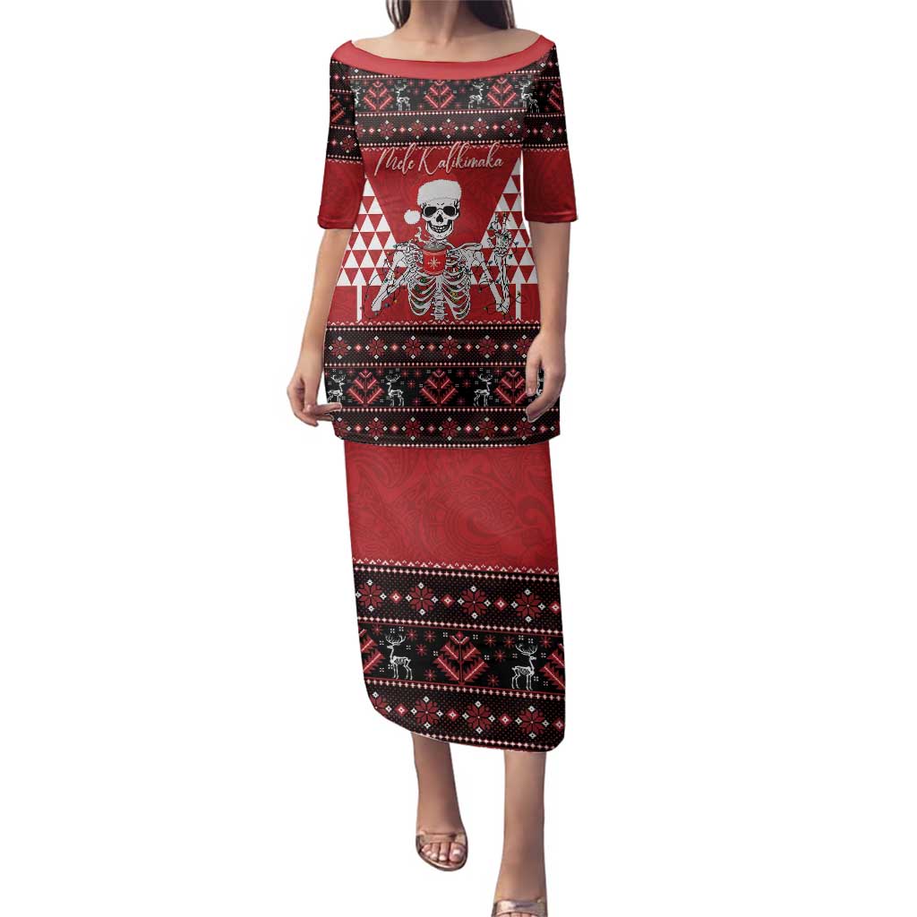 Personalized Hawaii Skull Christmas Family Matching Puletasi and Hawaiian Shirt Mele Kalikimaka Hawaiian Kakau LT14 Mom's Dress Red - Polynesian Pride