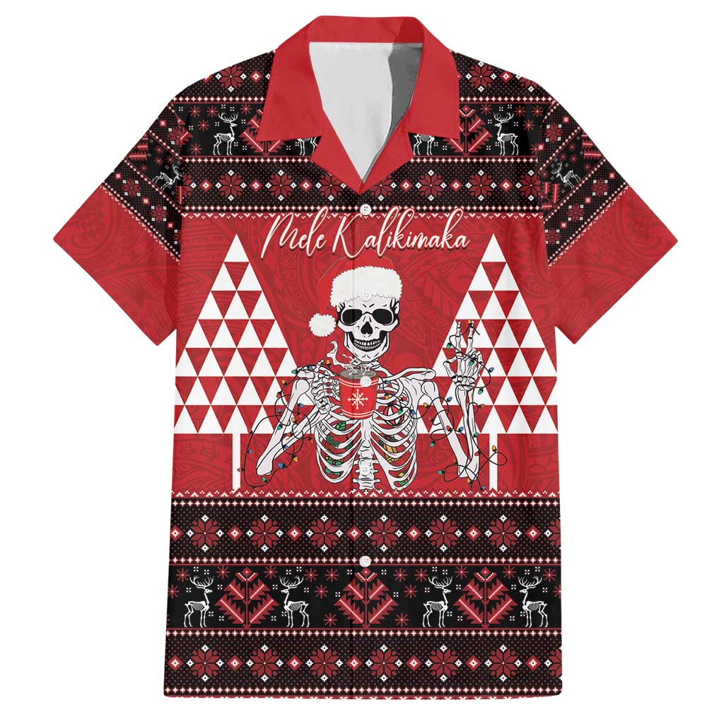 Personalized Hawaii Skull Christmas Family Matching Short Sleeve Bodycon Dress and Hawaiian Shirt Mele Kalikimaka Hawaiian Kakau LT14 Dad's Shirt - Short Sleeve Red - Polynesian Pride