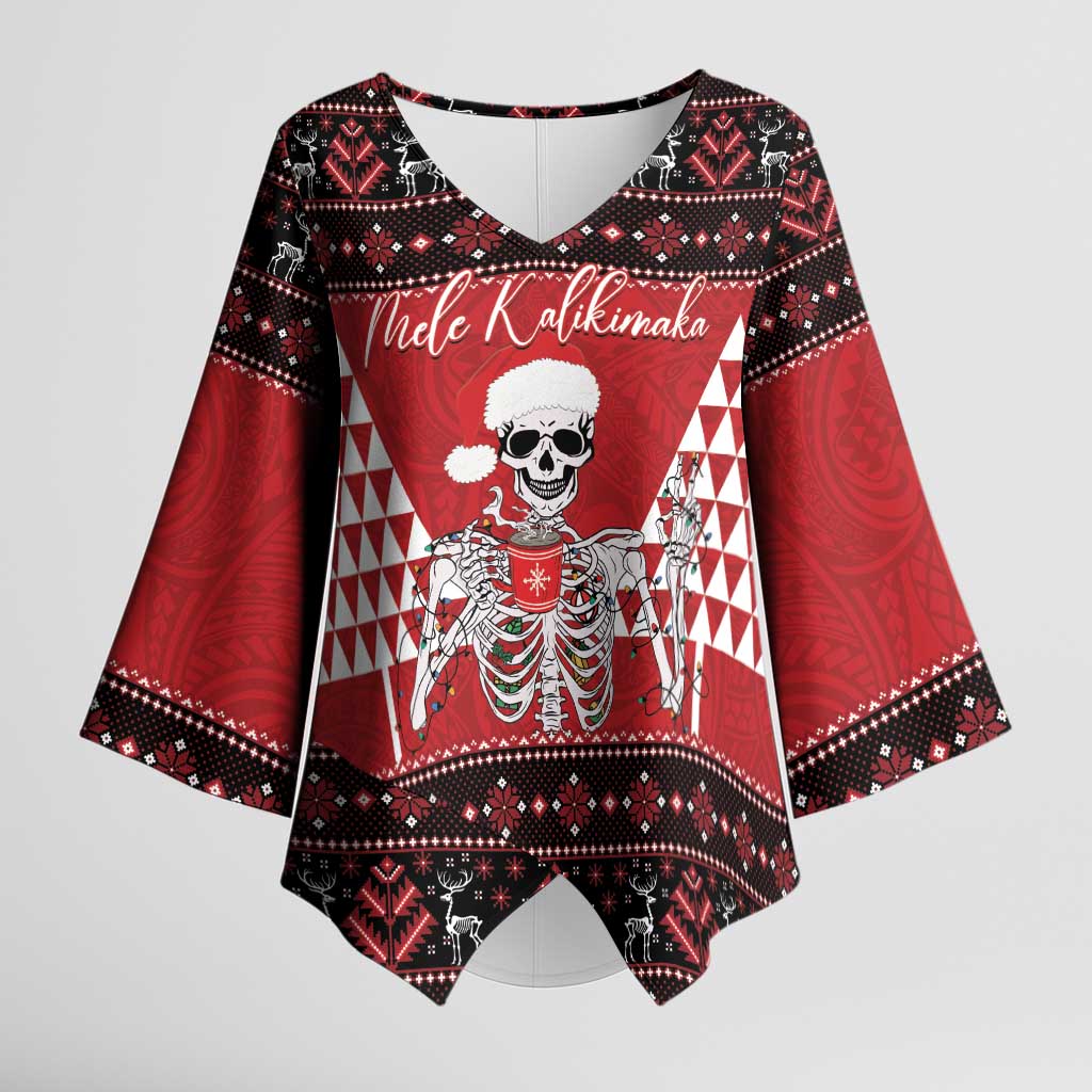 Personalized Hawaii Skull Christmas Kimono Sleeve Blouse Mele Kalikimaka Hawaiian Kakau LT14 Female Red - Polynesian Pride