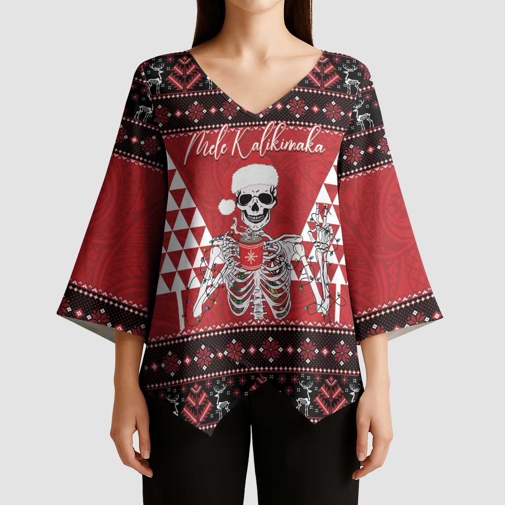 Personalized Hawaii Skull Christmas Kimono Sleeve Blouse Mele Kalikimaka Hawaiian Kakau LT14 - Polynesian Pride