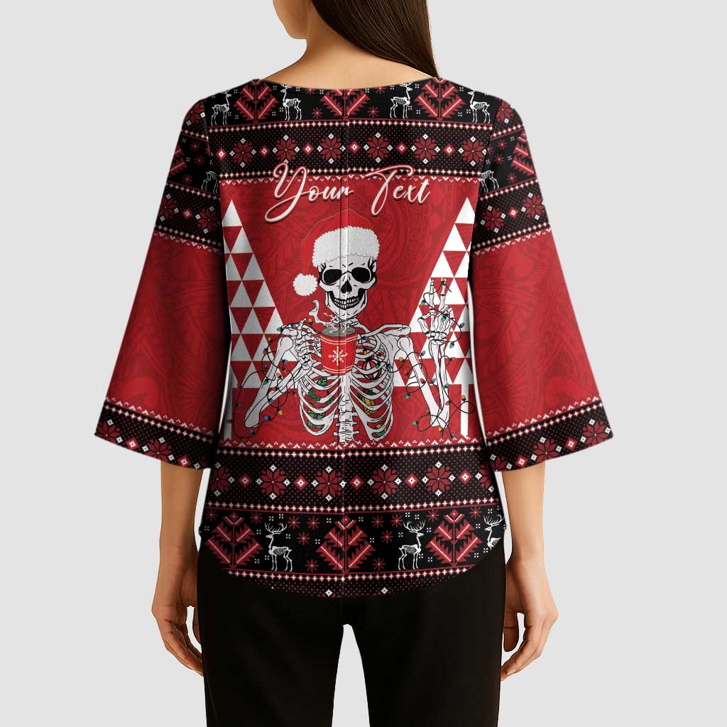 Personalized Hawaii Skull Christmas Kimono Sleeve Blouse Mele Kalikimaka Hawaiian Kakau LT14 - Polynesian Pride