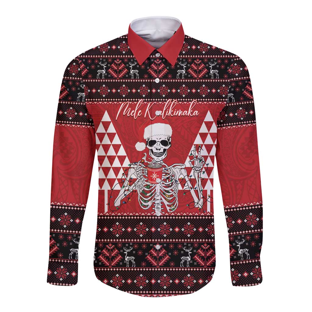 Personalized Hawaii Skull Christmas Long Sleeve Button Shirt Mele Kalikimaka Hawaiian Kakau LT14 Unisex Red - Polynesian Pride