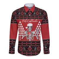 Personalized Hawaii Skull Christmas Long Sleeve Button Shirt Mele Kalikimaka Hawaiian Kakau LT14 Unisex Red - Polynesian Pride