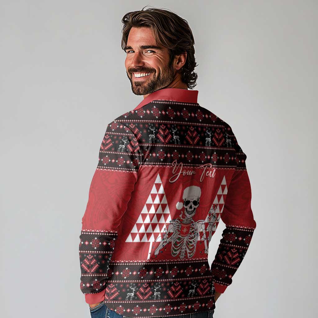 Personalized Hawaii Skull Christmas Long Sleeve Polo Shirt Mele Kalikimaka Hawaiian Kakau - Polynesian Pride