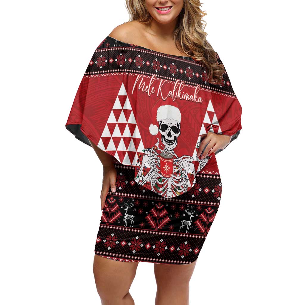 Personalized Hawaii Skull Christmas Off Shoulder Short Dress Mele Kalikimaka Hawaiian Kakau LT14 Women Red - Polynesian Pride