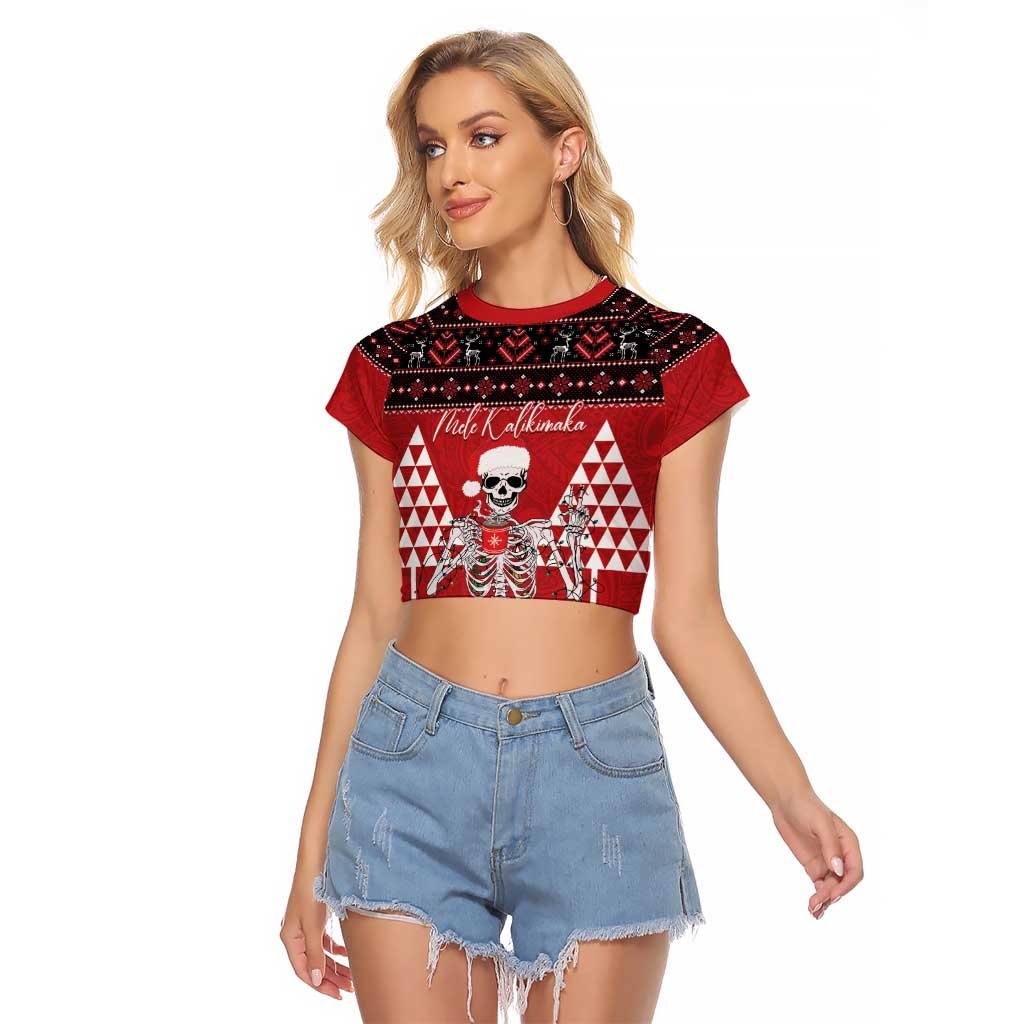 Personalized Hawaii Skull Christmas Raglan Cropped T Shirt Mele Kalikimaka Hawaiian Kakau - Polynesian Pride