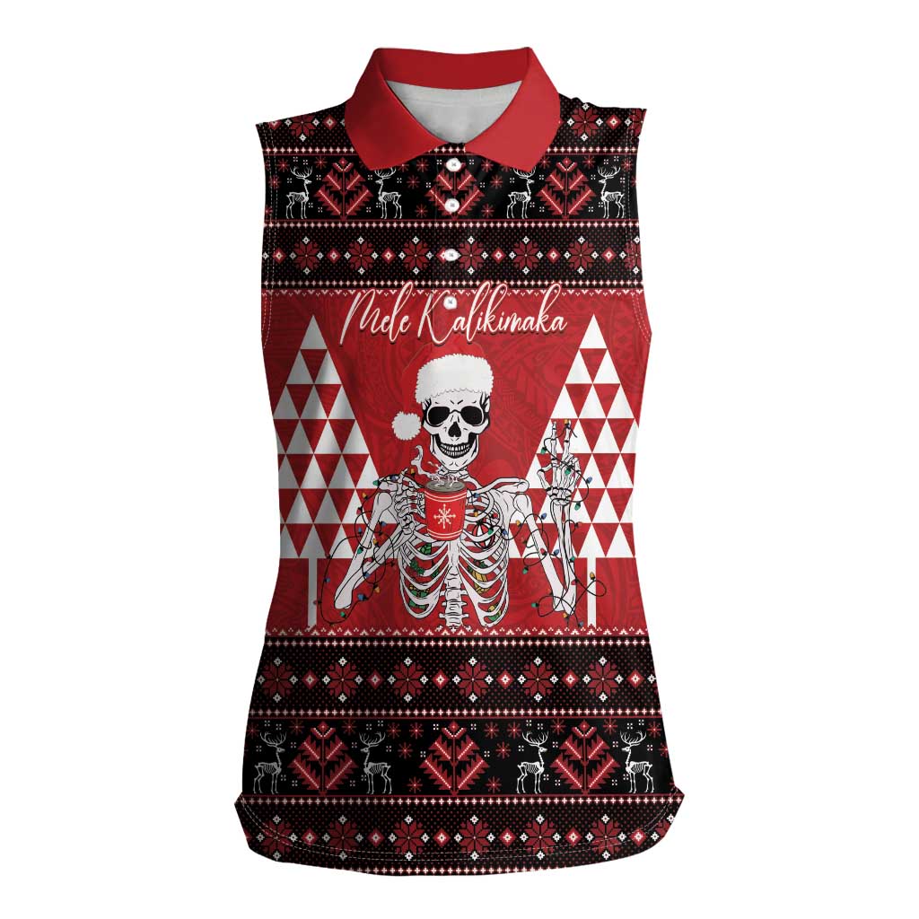 Personalized Hawaii Skull Christmas Women Sleeveless Polo Shirt Mele Kalikimaka Hawaiian Kakau LT14 Female Red - Polynesian Pride