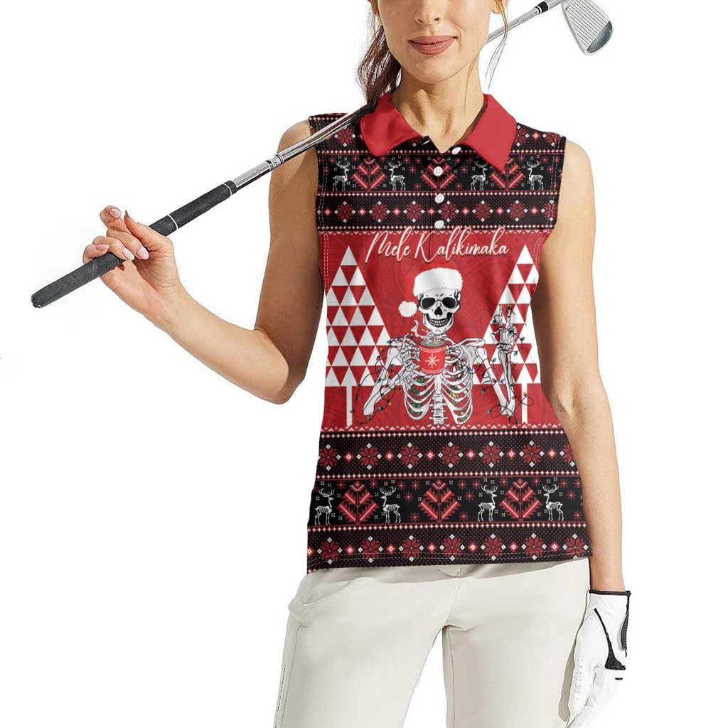 Personalized Hawaii Skull Christmas Women Sleeveless Polo Shirt Mele Kalikimaka Hawaiian Kakau LT14 - Polynesian Pride