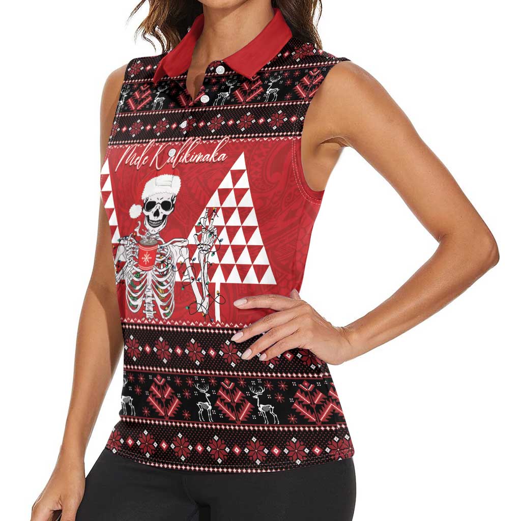 Personalized Hawaii Skull Christmas Women Sleeveless Polo Shirt Mele Kalikimaka Hawaiian Kakau LT14 - Polynesian Pride