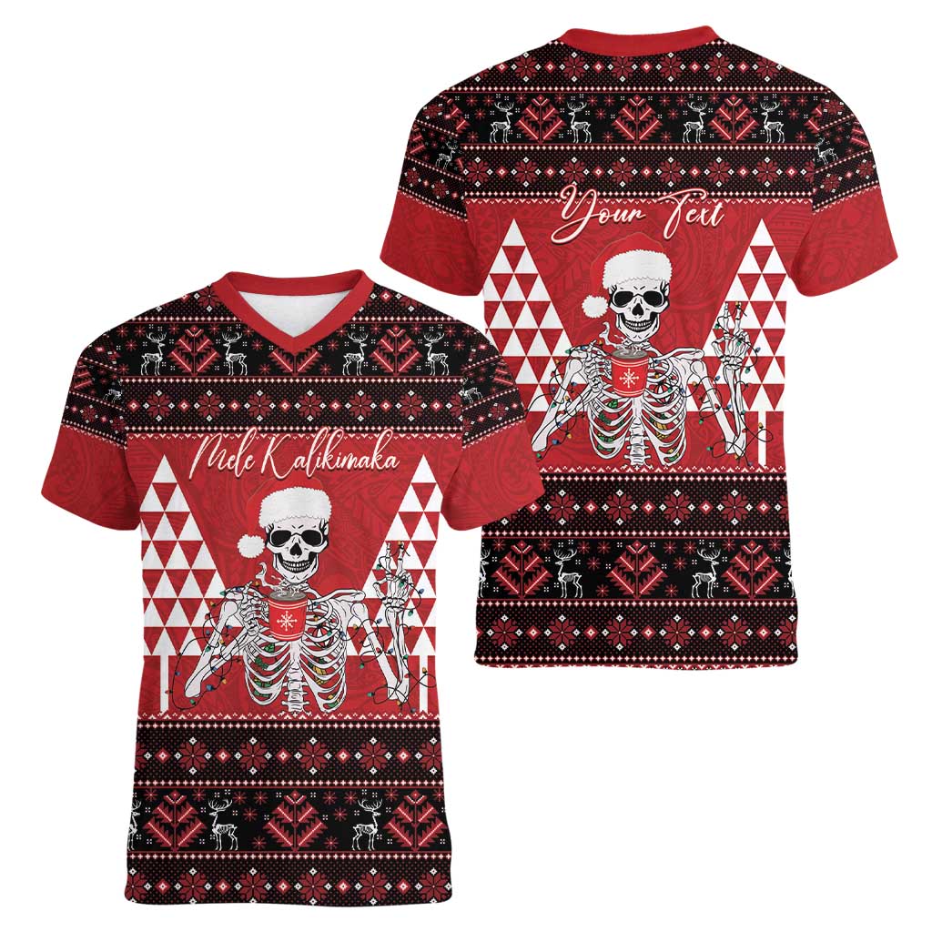 Personalized Hawaii Skull Christmas Women V-Neck T-Shirt Mele Kalikimaka Hawaiian Kakau LT14 - Polynesian Pride