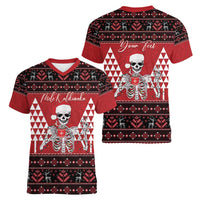 Personalized Hawaii Skull Christmas Women V-Neck T-Shirt Mele Kalikimaka Hawaiian Kakau LT14 - Polynesian Pride
