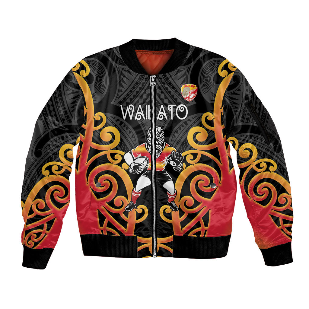 Waikato Custom Rugby New Zealand Sleeve Zip Bomber Jacket Aotearoa Maori Pukana Tiki Mascot