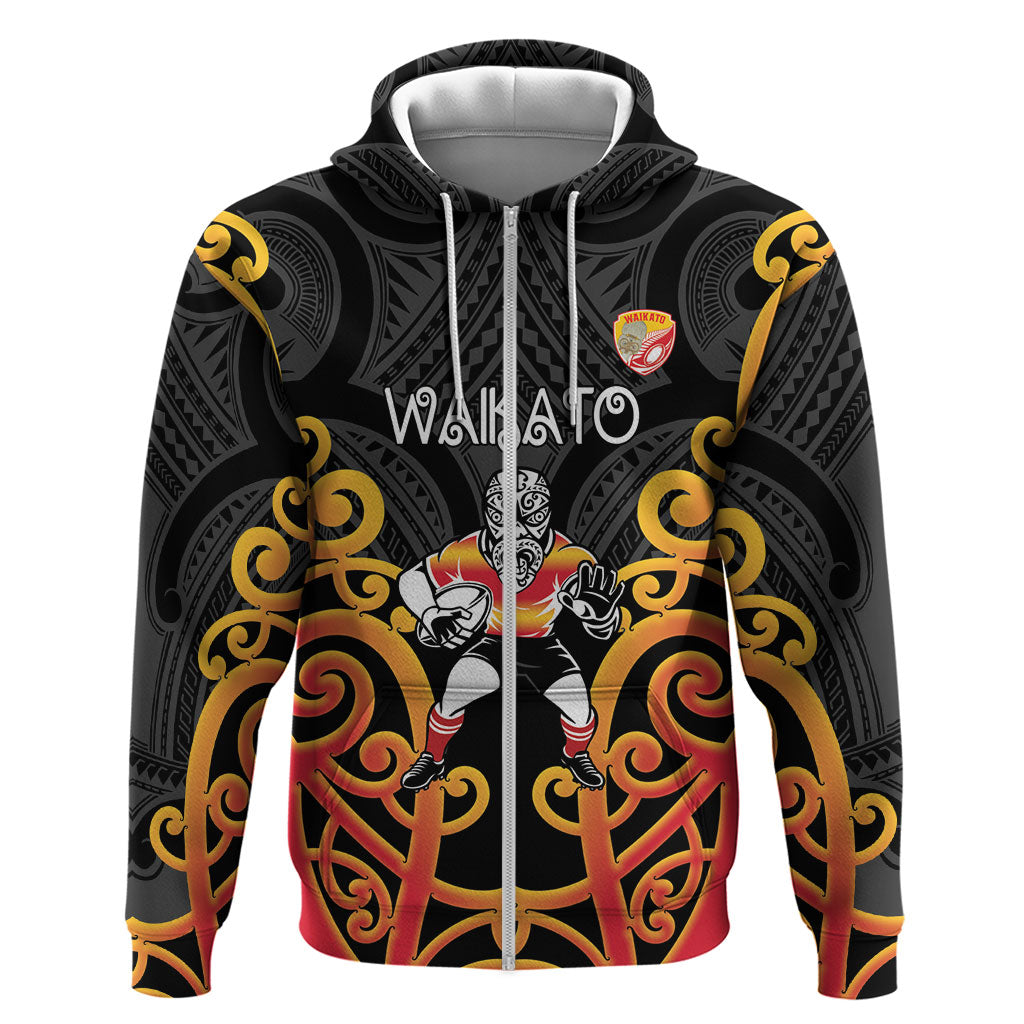 Waikato Custom Rugby New Zealand Zip Hoodie Aotearoa Maori Pukana Tiki Mascot