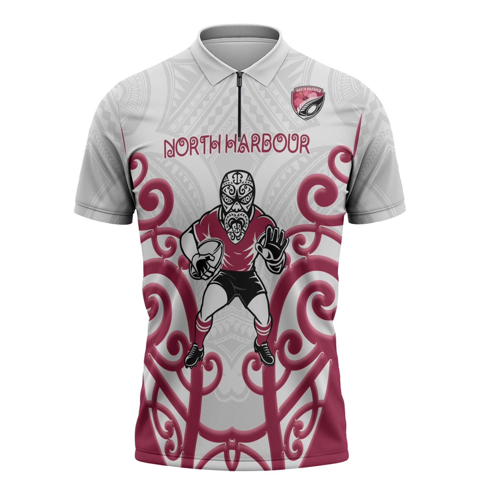 North Harbour Custom Rugby New Zealand Zipper Polo Shirt Aotearoa Maori Pukana Tiki Mascot