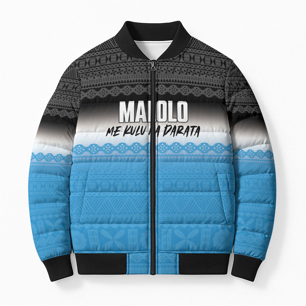 Malolo Fiji 2026 Rugby Personalised Bomber Puffer Jacket Me Kulu Na Darata Fijian Tapa Pattern LT14 Unisex Blue - Polynesian Pride