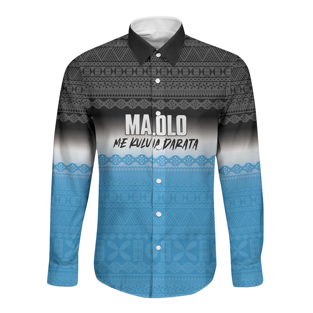 Malolo Fiji 2026 Rugby Personalised Long Sleeve Button Shirt Me Kulu Na Darata Fijian Tapa Pattern LT14 Unisex Blue - Polynesian Pride