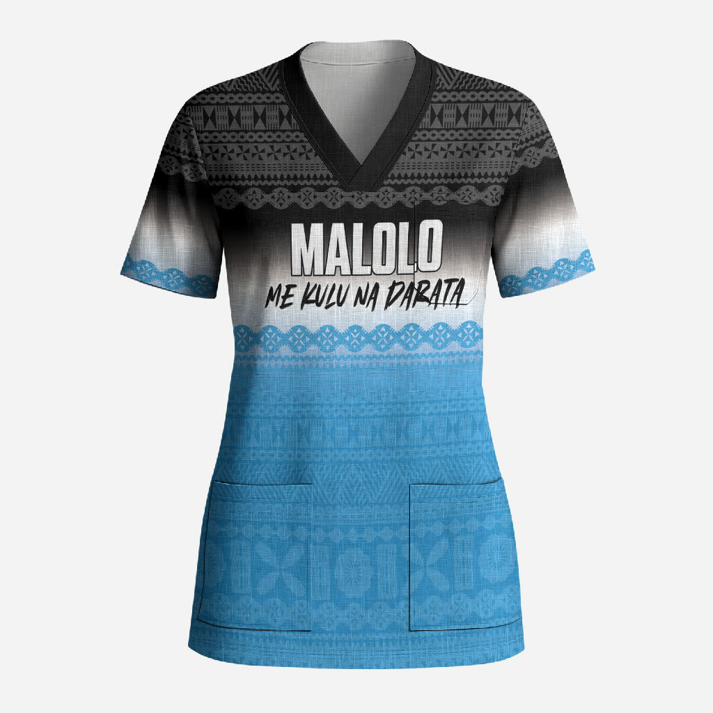 Malolo Fiji 2026 Rugby Personalised Scrub Top Me Kulu Na Darata Fijian Tapa Pattern LT14 Adult Blue - Polynesian Pride