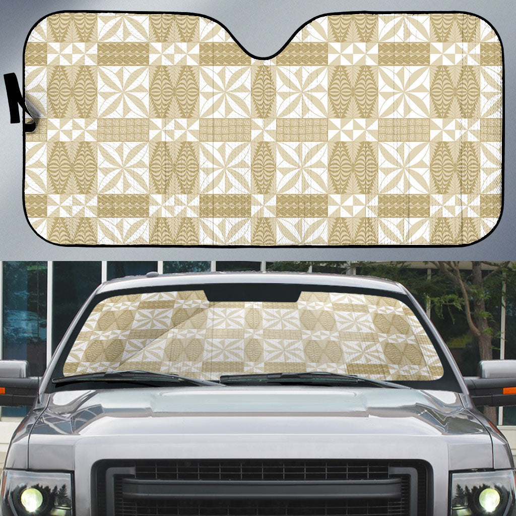 Beige Ngatu Pattern Malo e Lelei Tonga Auto Sun Shade LT14 Beige - Polynesian Pride