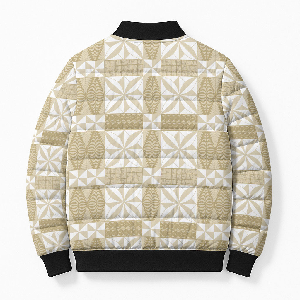 Beige Ngatu Pattern Malo e Lelei Tonga Bomber Puffer Jacket LT14 - Polynesian Pride