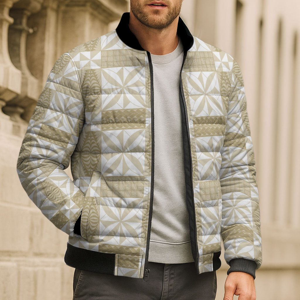 Beige Ngatu Pattern Malo e Lelei Tonga Bomber Puffer Jacket LT14 - Polynesian Pride