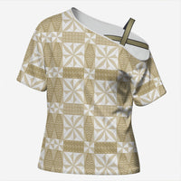 Beige Ngatu Pattern Malo e Lelei Tonga Cross Shoulder Shirt LT14 Female Beige - Polynesian Pride