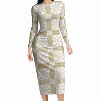 Beige Ngatu Pattern Malo e Lelei Tonga Long Sleeve Bodycon Dress LT14 Long Dress Beige - Polynesian Pride