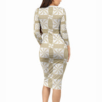 Beige Ngatu Pattern Malo e Lelei Tonga Long Sleeve Bodycon Dress LT14 - Polynesian Pride