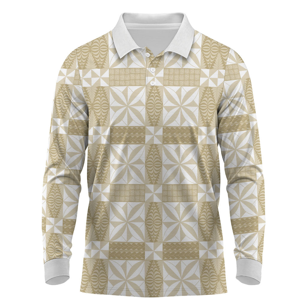 Beige Ngatu Pattern Malo e Lelei Tonga Long Sleeve Polo Shirt LT14 Beige - Polynesian Pride
