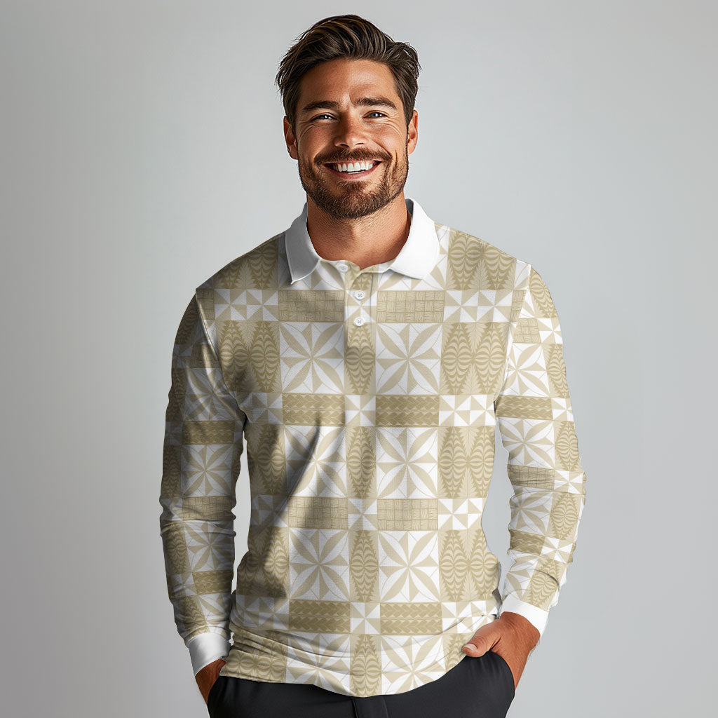 Beige Ngatu Pattern Malo e Lelei Tonga Long Sleeve Polo Shirt LT14 - Polynesian Pride