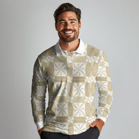 Beige Ngatu Pattern Malo e Lelei Tonga Long Sleeve Polo Shirt LT14 - Polynesian Pride