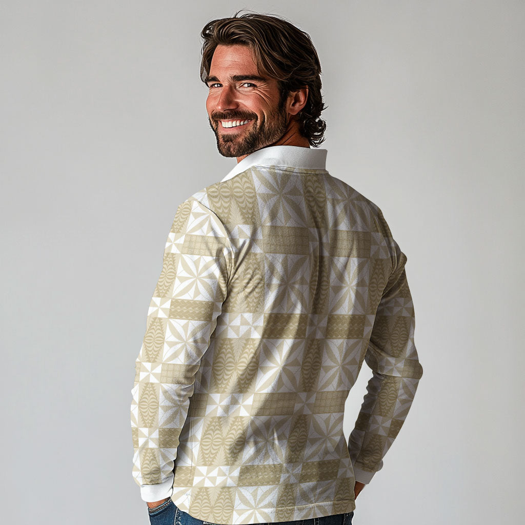 Beige Ngatu Pattern Malo e Lelei Tonga Long Sleeve Polo Shirt LT14 - Polynesian Pride