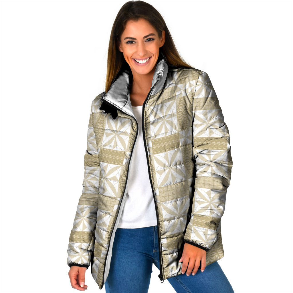 Beige Ngatu Pattern Malo e Lelei Tonga Padded Jacket LT14 Women Beige - Polynesian Pride