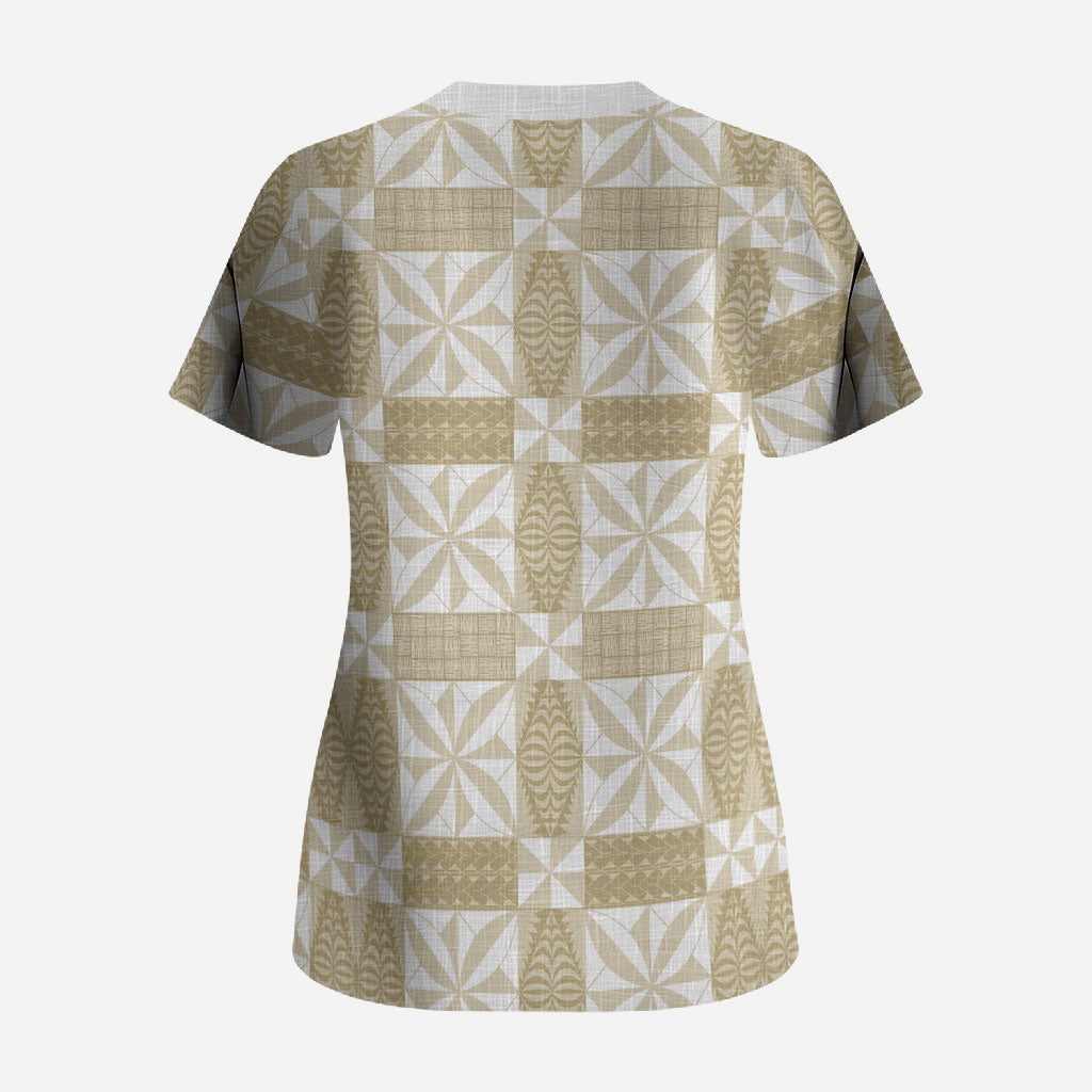 Beige Ngatu Pattern Malo e Lelei Tonga Scrub Top LT14 - Polynesian Pride