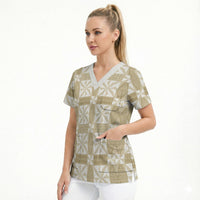 Beige Ngatu Pattern Malo e Lelei Tonga Scrub Top LT14 - Polynesian Pride