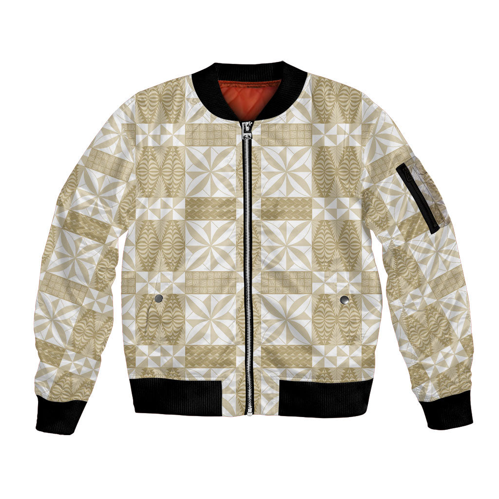 Beige Ngatu Pattern Malo e Lelei Tonga Sleeve Zip Bomber Jacket LT14 Unisex Beige - Polynesian Pride