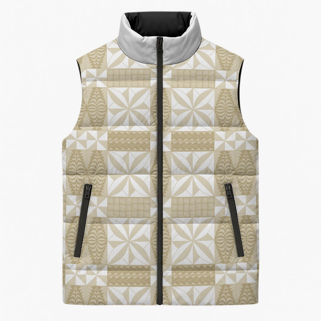 Beige Ngatu Pattern Malo e Lelei Tonga Sleeveless Puffer Jacket LT14 Unisex Beige - Polynesian Pride